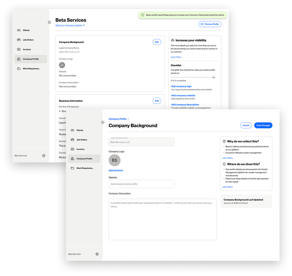 Hi-fi screen — profile header and services